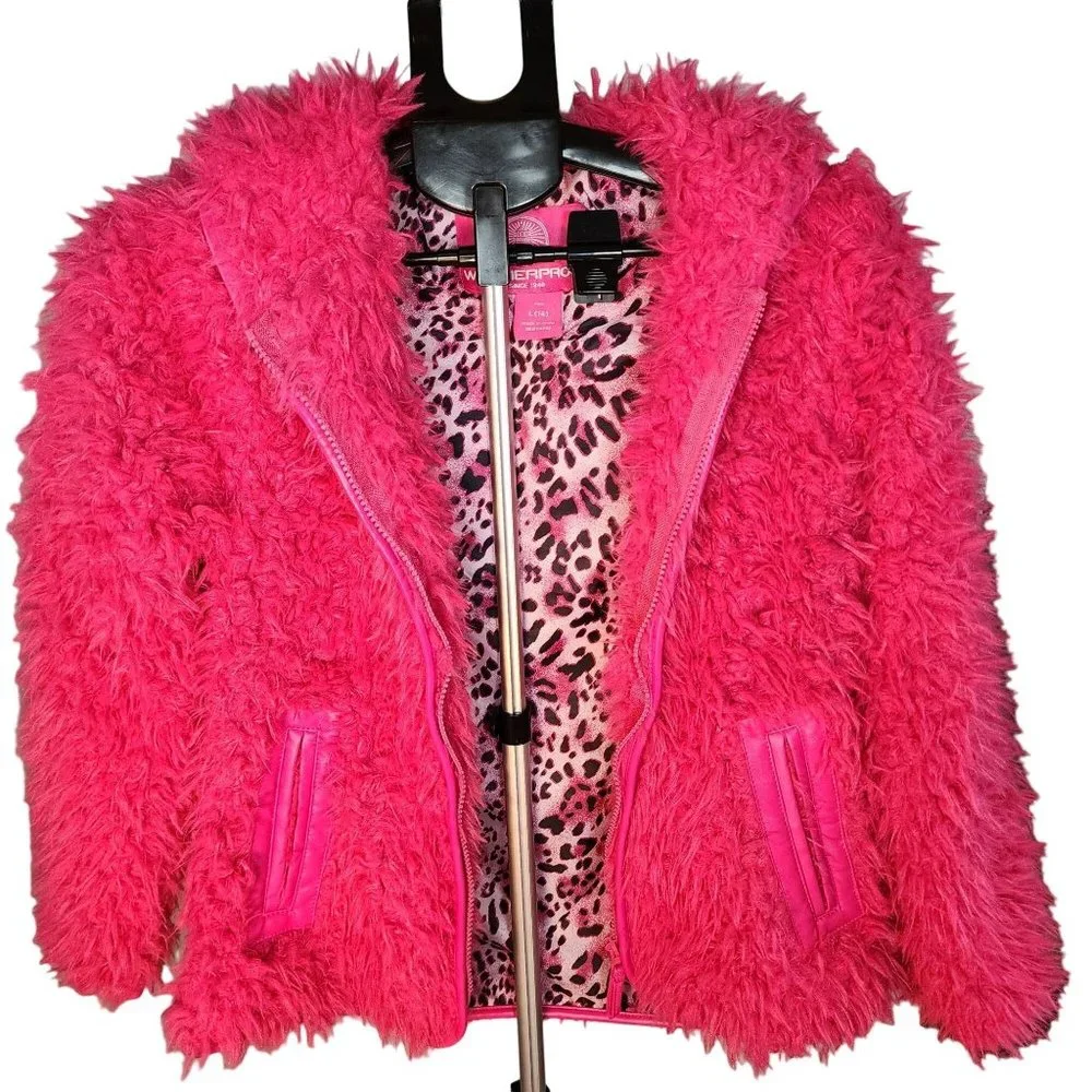 Girls Large Hot Pink Fuzzy Hooded Zip Up Jacket‎ Cheetah Lining